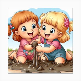 Two Little Girls Playing In The Mud Canvas Print