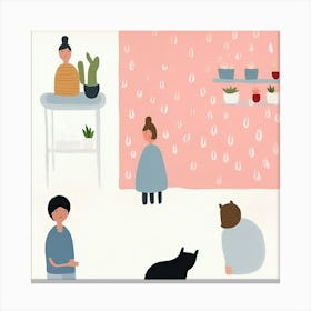 Tiny People At The Cat Cafe Illustration Canvas Print