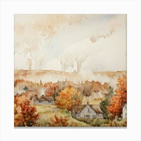 Autumnal Landscape Featuring Falling Leaves Watercolor Painting Soft Toned Florals Cottages With (3) Canvas Print