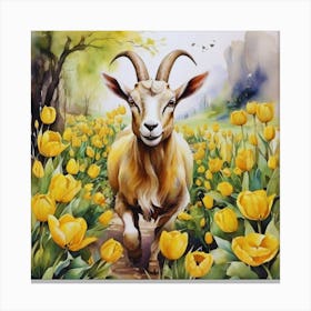 Goat In Yellow Tulips Garden Canvas Print