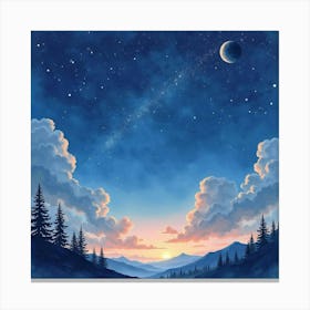 Serene Watercolor Depiction Of A Starry Sky 1 Canvas Print