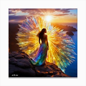 Candid Color Picture Of A Woman In A Glossy Dress Standing At The Edge Of A Cliff Overlooking The Ocean While The Sune Rises while being Protected By A Abstract Crystal Shield Canvas Print