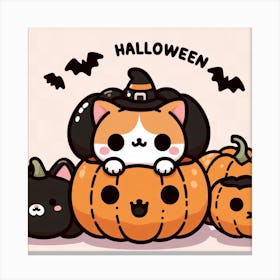 Halloween Kawaii Cute Cat in Pumpkin Cartoon Kitty Canvas Print