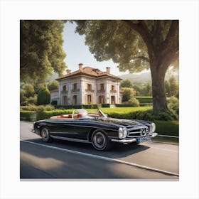 A Luxury Car Is Driving In A Rural Town Between Trees On A Street In Front Of A Luxurious Rural Villa Canvas Print
