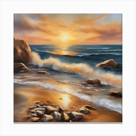The sea. Beach waves. Beach sand and rocks. Sunset over the sea. Oil on canvas artwork.22 Canvas Print