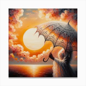 Woman Holding Umbrella At Sunset Canvas Print