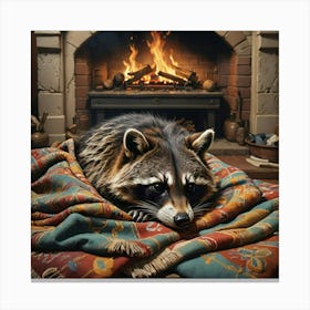 Raccoon In Front Of Fireplace Canvas Print