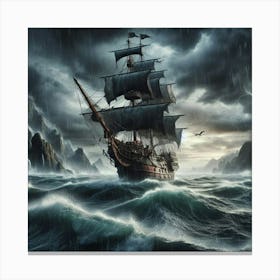 Pirate Ship In Stormy Sea Canvas Print