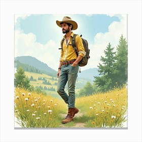 Charming Man In Watercolor Outfit, Idyllic Countryside 1 Canvas Print