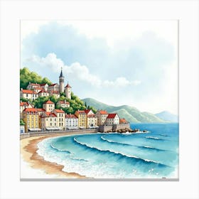 French Coastal Town In Watercolor With Colorful Houses And Serene Ocean Waves 1 Canvas Print