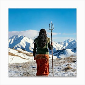 Firefly Graceful Indian Woman With Trident Walking Towards Snowy Hills 35439 Canvas Print