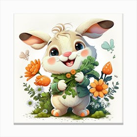 Cartoon Bunny With Flowers Canvas Print