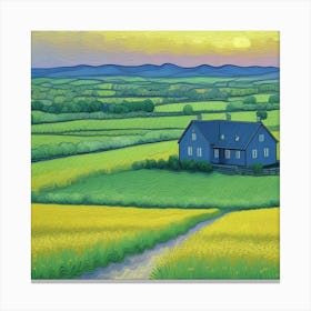 Serene Country Living Farmhouse at Dusk Blue House In A Yellow Field Canvas Print