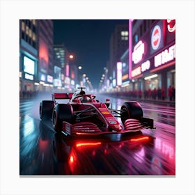 Formula Car Speeding Down A Neon Lit Street, Reflections Of Glowing Signs In Water 1 Canvas Print