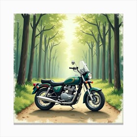 Retro Motorcycle In A Serene Forest Watercolor Art 1 Canvas Print