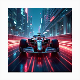 Formula Car On A Glowing Neon Track Cutting Through A Dense Cityscape 1 Canvas Print