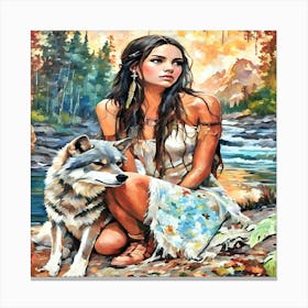 Native American Girl With Wolf-Drucke 09.12.2024--01-aa Canvas Print