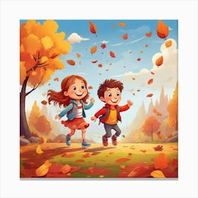 Autumn Kids Running In The Park Canvas Print