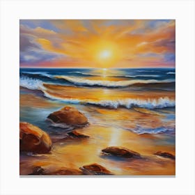 The sea. Beach waves. Beach sand and rocks. Sunset over the sea. Oil on canvas artwork.13 Canvas Print