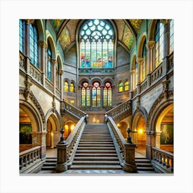 A grand, gothic-style cathedral with a large staircase and stained glass windows. Canvas Print