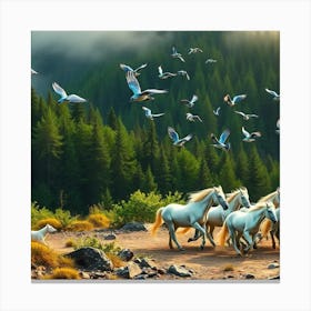 Wild Harmony: Horses and Birds Soaring Through the Forest Canvas Print