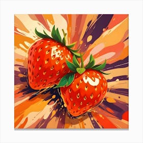 Two Juicy, Red Strawberries With Green Leaves, Surrounded By A Colorful, Abstract Background Resembling A Splattered Paint Effect Canvas Print