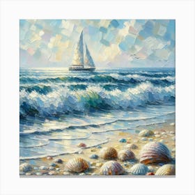 Sailboat And Sea Shells On The Beach, Acrylic Painting Style Canvas Print