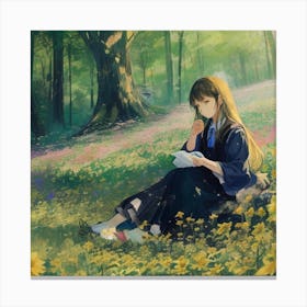 Girl Reading In The Forest Canvas Print