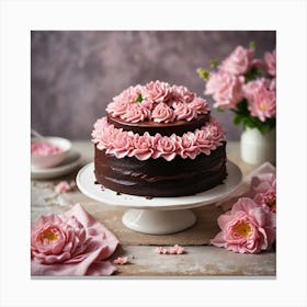 Chocolate Cake Buttercream Icing And Pink Icing Flowers On A Table Background Nicely Blurred Highlig 457477735 Canvas Print