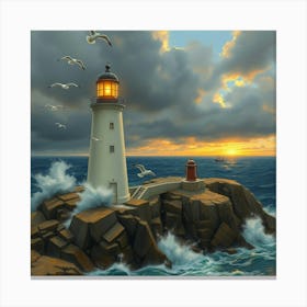 Flux Schnell Majestic Lighthouse On Rocky Cliff Crashing Waves 1 Canvas Print