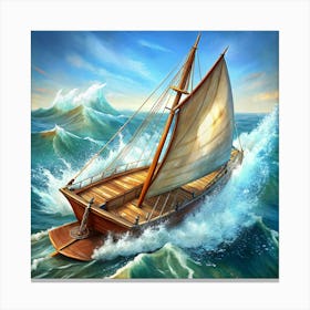 Wooden Boat Sailing Through Rough Waves Canvas Print