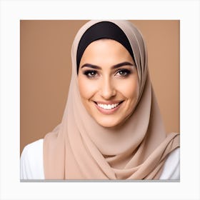 A Closeup Photo Portrait Of A Beautiful Young Arab Muslim Model Woman Wearing Hijab Headscarf And Smiling 1 Canvas Print