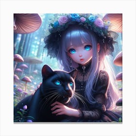 Anime Girl With Black Cat Canvas Print