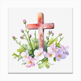 Watercolor Cross With Flowers Canvas Print