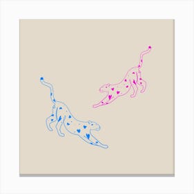 Leopards with heart blue and pink love. Leopards line illustration Canvas Print