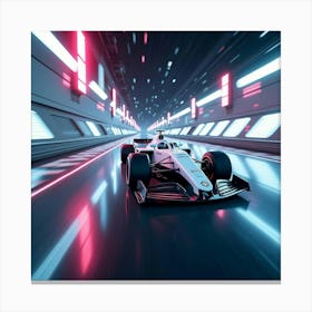 Sleek White Formula Car Zooming On A Futuristic Track Beneath Neon Lights 1 Canvas Print