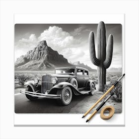 Desert Road: A Nostalgic and Classic Black and White Photograph of a Car, a Cactus, and a Mountain Canvas Print