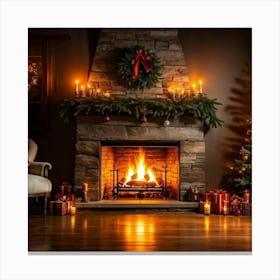 Fireplace Ablaze With Dancing Orange Flames Inside A Rustic Stone Fireplace Vibrant Christmas Tree (2) Stampe su tela