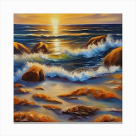 The sea. Beach waves. Beach sand and rocks. Sunset over the sea. Oil on canvas artwork.24 Canvas Print