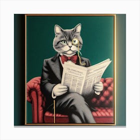 The Witty Cat - Graphic Wall Art of a Cat with Bow Tie and Newspaper Canvas Print