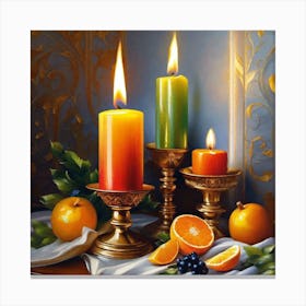Three Candles On A Table Canvas Print