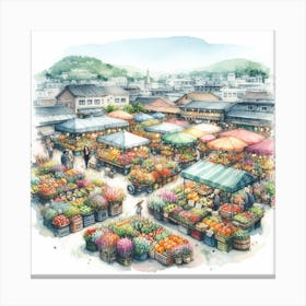 Inviting and Delicious - Watercolor Painting of a Flower and Fruit Market 1 Canvas Print