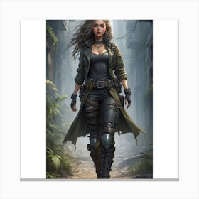 36The image depicts a woman in a black top and brown pants, wearing a green jacket and holding a gun. She is standing in a dark, urban environment with greenery and debris scattered around her. Canvas Print
