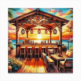 Sunset view on a wooden cafe on the seashore 3 Canvas Print