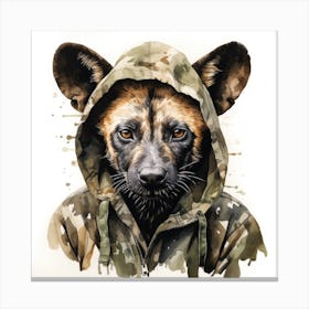 Watercolour Cartoon African Wild Dog In A Hoodie Canvas Print