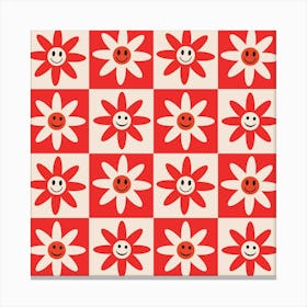 Checkered Red and White Smiling Flowers Canvas Print