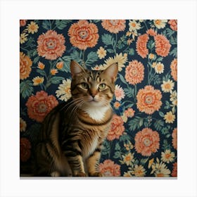 Cat In Front Of Floral Wallpaper Canvas Print