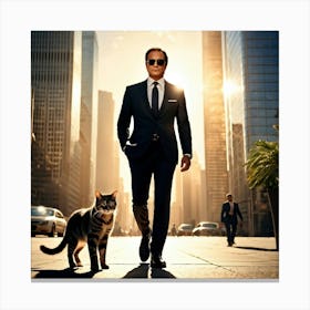 Businessman Wearing Sunglasses Accompanied By A Cat Playing At His Feet Downtown Skyscrapers Loomin Canvas Print