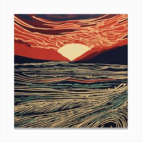 Sunset Over The Ocean Abstract Linocut Canvas Print