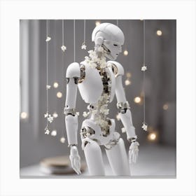 Porcelain And Hammered Matt Black Android Marionette Showing Cracked Inner Working, Tiny White Flowe (1) Canvas Print